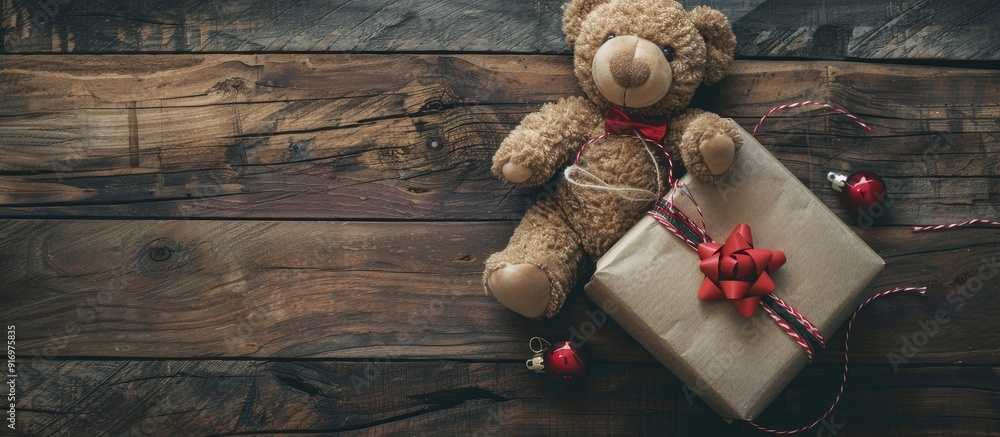 Aufkleber teddy bear in a gift box on a vintage wooden backdrop with a space for additional text or image depi