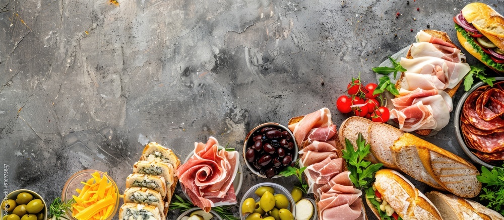 Aufkleber Various sandwiches with diverse ingredients like meats cheese and vegetables displayed on a stone background from a top view allowing for copy space image