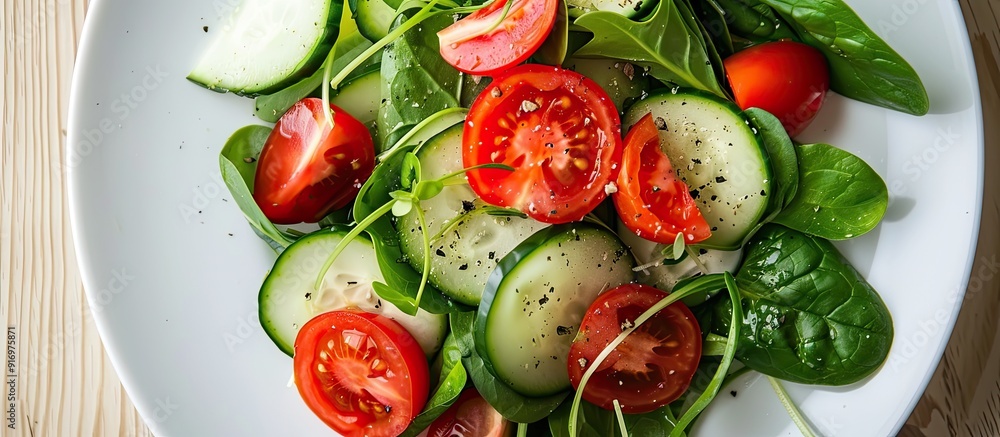 Poster plate with a vegetarian salad containing cucumber tomato and spinach displayed as a copy space image
