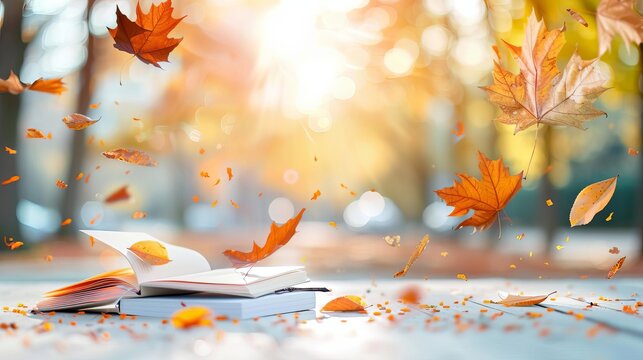 A lively fall study group with students ready to take notes, notebooks open and autumn leaves scattered around