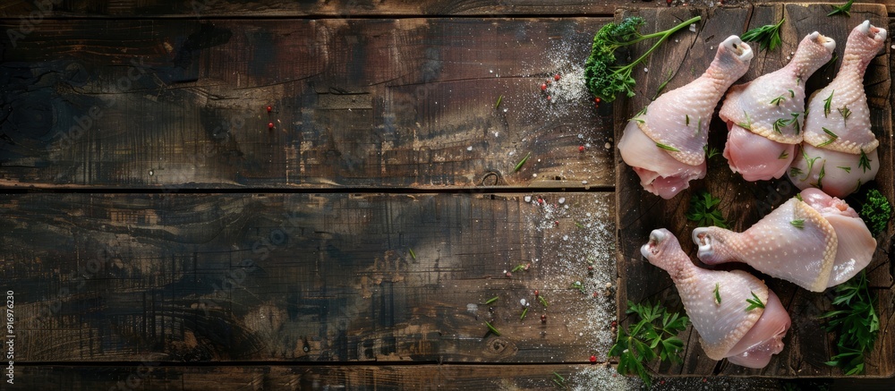 Aufkleber raw chicken thighs and legs on a rustic table a potential meal or snack with a food background and a