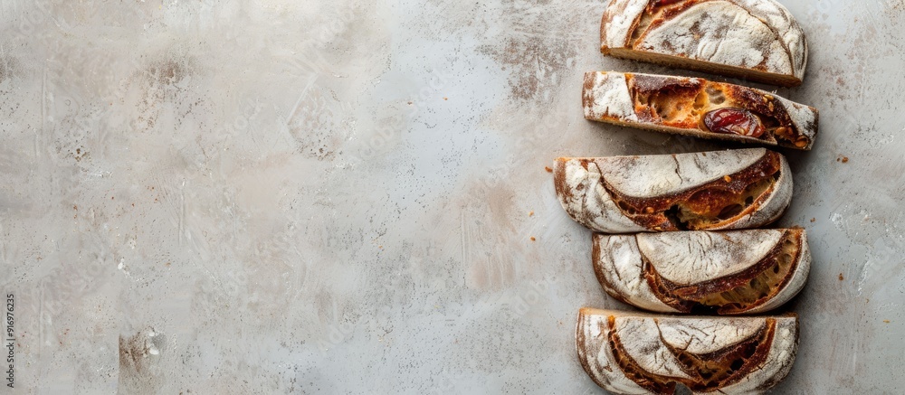 Poster Freshly sliced bread with dates arranged from a top view providing ample copy space image