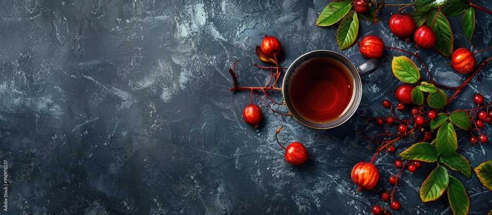 Poster grey table with fresh rose hip tea berries in flat lay copy space image