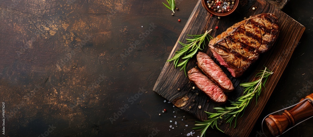 Aufkleber A succulent grilled beef steak on a rustic table with a copy space image as a appetizing and healthy meal option shown from a top view