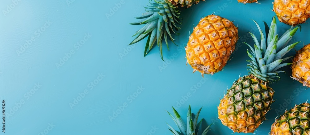 Poster Top view of juicy pineapples on a blue backdrop with copy space image available