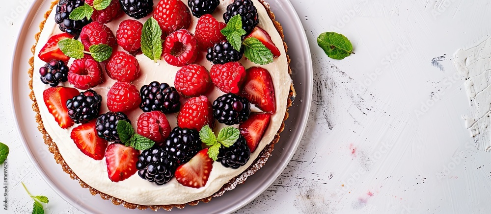 Poster nutritious italian ricotta and berry cheesecake on a clean white backdrop with copy space image for 