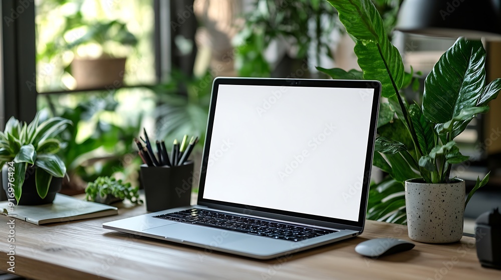 Aufkleber Workplace laptop computer with blank empty white screen display monitor on desk Mock up copy space Home office concept Business working from home studying elearning web site concept : Generative AI