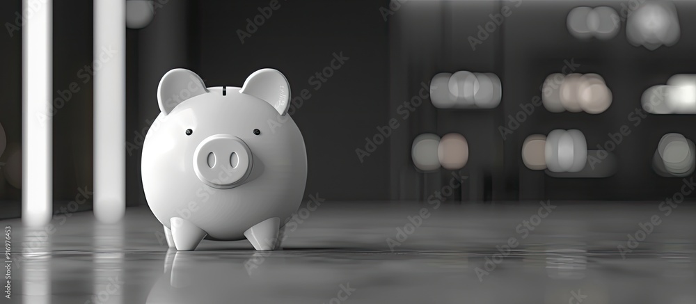 Poster A white piggy bank stands on a gray background with a blurred focus creating room for text or design Image oriented horizontally with space for copying