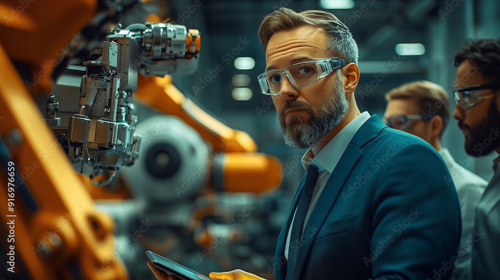 Aufkleber Business engineers meet and check control heavy machine robot arm Diverse Team of Industrial Robotics Engineers Gathered Around machine Professional Machinery Operator Use Industrial D : Generative AI