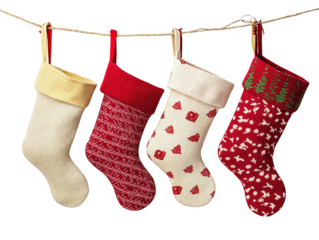 Four colorful Christmas stockings hanging on a line, ready to be filled with festive treats. Perfect holiday decoration and celebration image.