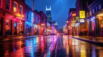 Neon Lights Reflecting on Wet Pavement in Nashville