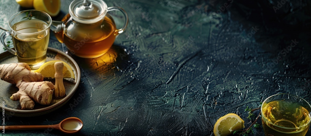 Poster image of a japanese and chinese tea set with lemon ginger and honey on a dark table a cozy glass of 