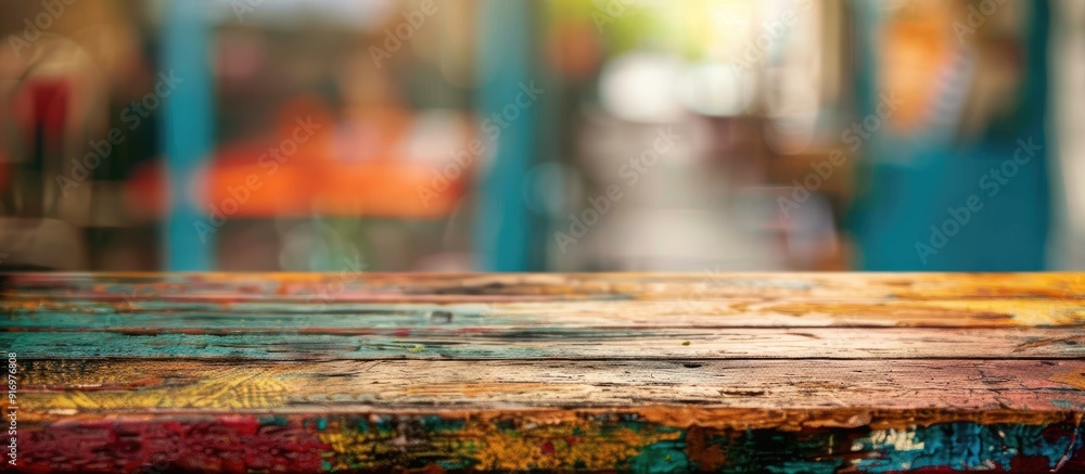 Fototapete A weathered colorful table with visible wear marks offers a grungy backdrop with a blurred background ideal for a copy space image