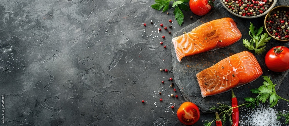 Poster salmon fish and spices on a stone background perfect for a healthy food concept with available copy 
