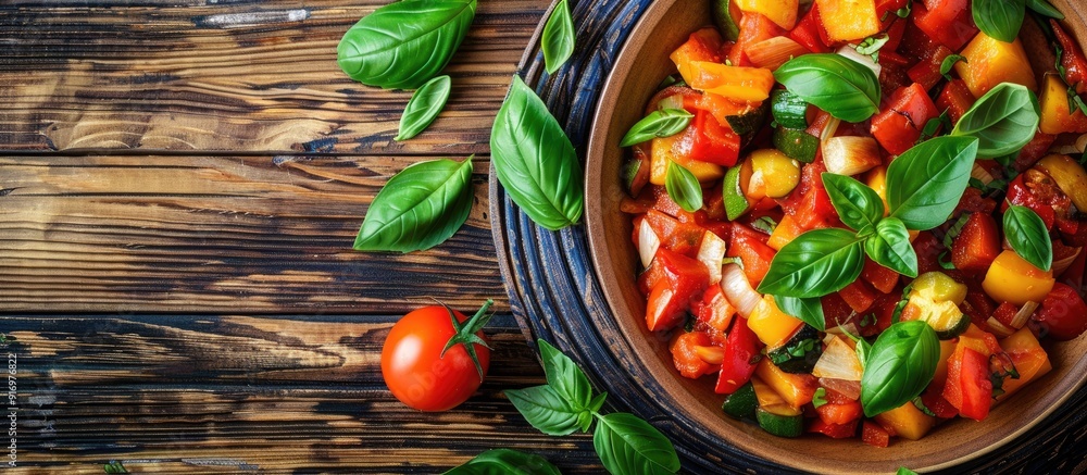 Aufkleber Ratatouille with basil on wooden table flat lay style image with copy space