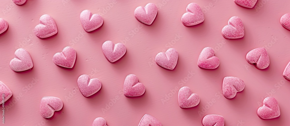 Poster heart health concept illustrated on a pink background with pink heart shaped pills in a flat lay sty