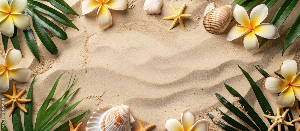 Poster a horizontal background frame in sand featuring tropical leaves seashells a starfish and a yellow fr