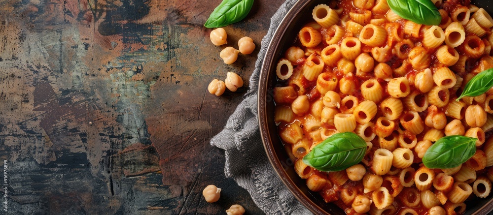 Poster top view image of an italian recipe featuring ditalini pasta and chickpeas with copy space available