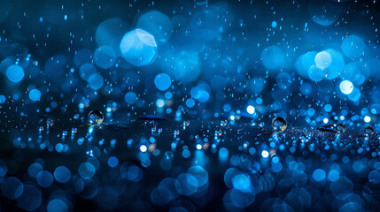 Water droplets shimmer on a deep blue surface. Close-up photography captures the tiny orbs hovering, creating a serene and calming image.