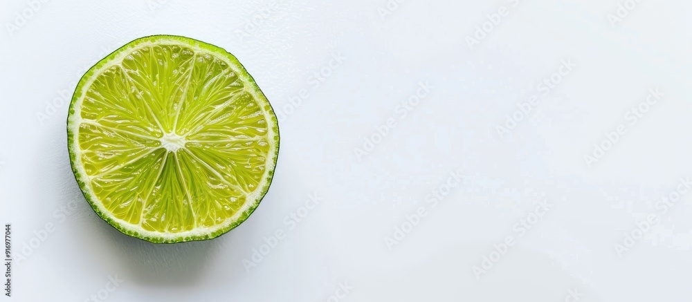 Poster Top view of a lime slice on a white background with ample copy space image for text creating a flat lay pattern