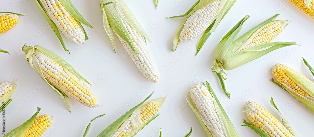 Poster Fresh uncooked corncob arranged on a white background a healthy summer food concept The image showcases a top view with close up details and space for text. Creative banner. Copyspace image