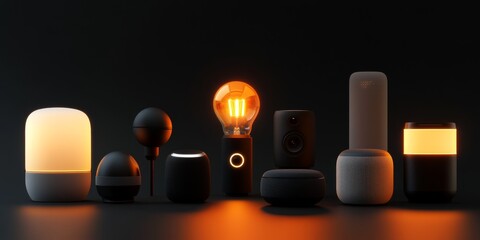 Futuristic collection of sleek smart home devices with warm ambient lighting, representing advanced technology and minimalistic aesthetics in a modern setup.