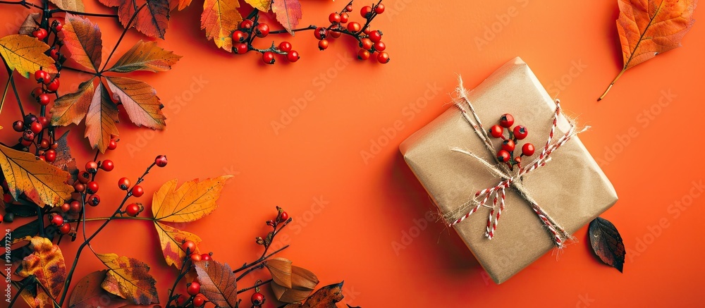Fototapete Top view of a handmade paper gift box adorned with autumn leaves and berries on an orange backdrop with available copy space image