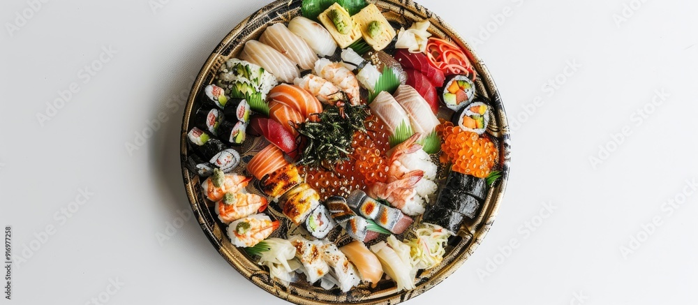 Poster Japanese cuisine displayed on a circular platter in a mockup for a restaurant s menu with a white background The top view offers a copy space image for a seamless presentation