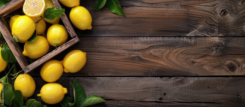 Aufkleber Top down view of a wooden table with a wooden crate filled with fresh lemons providing ample space for adding text or an image