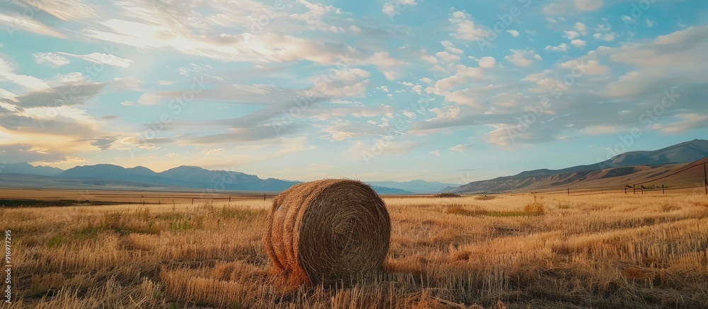 Poster Hay stack in a field against a scenic sky providing ample copy space image