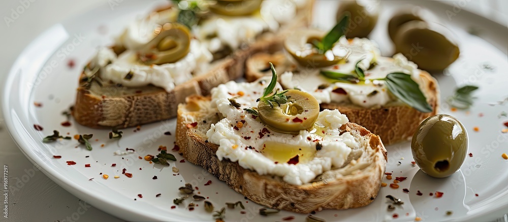 Poster rusks bread topped with goat cheese honey pollen and olives on a white plate isolated with copy spac
