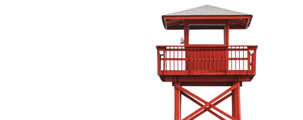 Red wooden lookout tower against a white background. Ideal for summer, coastal, or beach themes. Isolated on transparent backdrop.