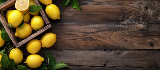 Top down view of a wooden table with a wooden crate filled with fresh lemons providing ample space for adding text or an image