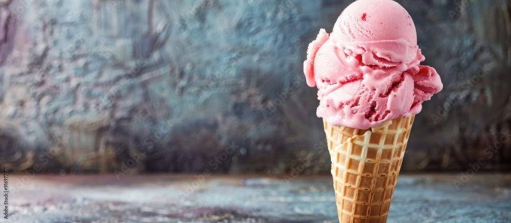 Poster Scoop of strawberry ice cream in a crispy waffle cone with a delightful copy space image