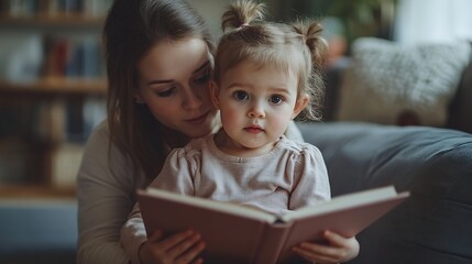 Fototapeta premium Family with little daughter reading book on sofa in living room : Generative AI