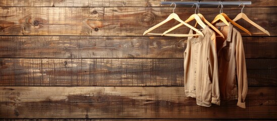 Wooden background with a metal rack holding clothes hangers providing room for a copy space image