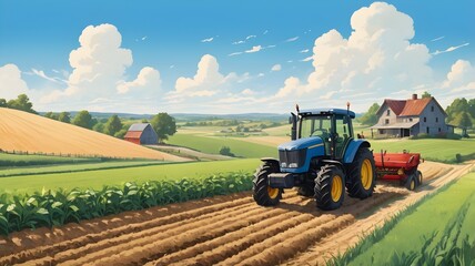  summer day on a farm, with a tractor plowing the fields under a blue sky

