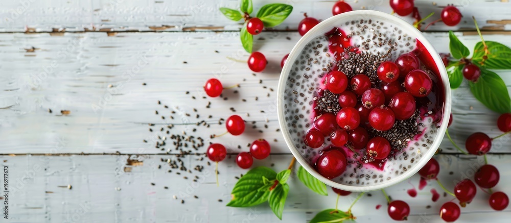 Poster Vanilla chia pudding with red berries on a white wooden backdrop perfect for a healthy snack concept with space for adding text or other images. Creative banner. Copyspace image
