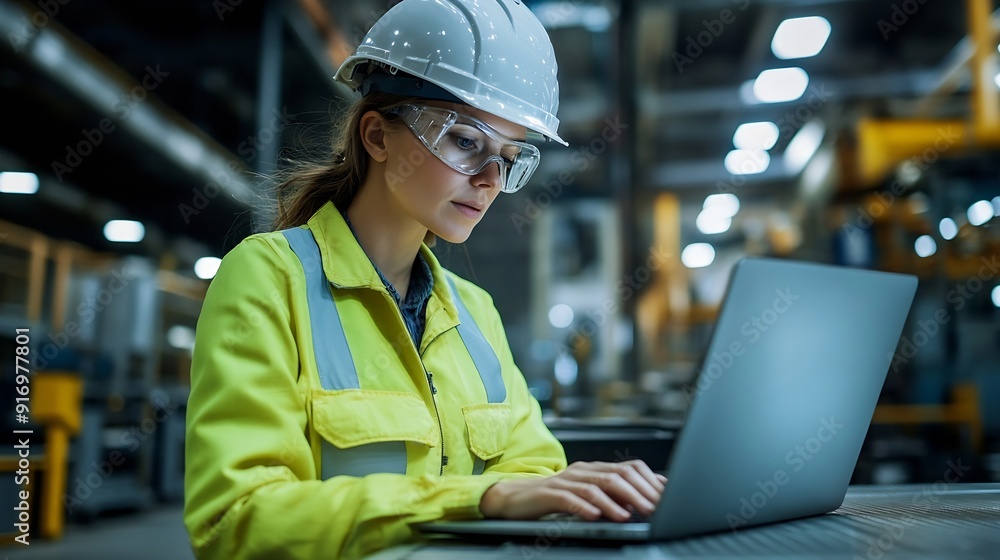 Poster female engineer using laptop computer for safety control checks or manufacturing maintenance work in