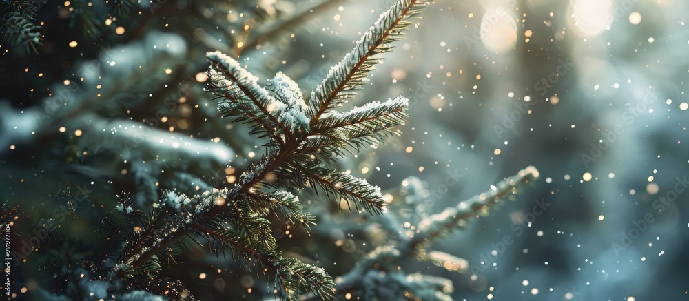 Poster winter forest with snow falling showcasing spruce branches ideal scene for christmas with a spacious