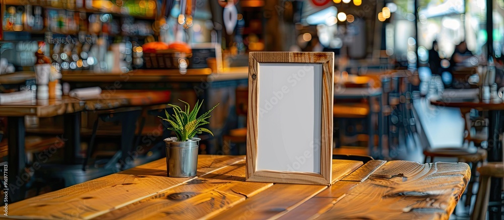 Poster a menu frame is showcased on a wooden table in a bar restaurant cafe providing a perfect copy space 