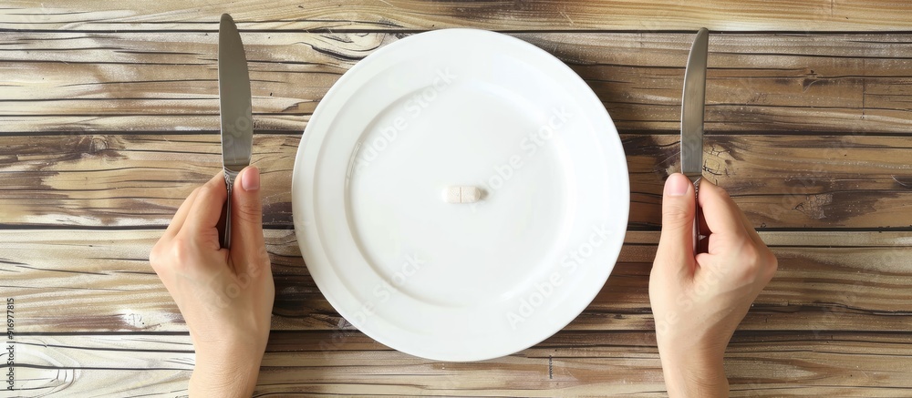 Poster female hands hold knife and fork beside a white plate with a single vitamin pill on a wooden table s