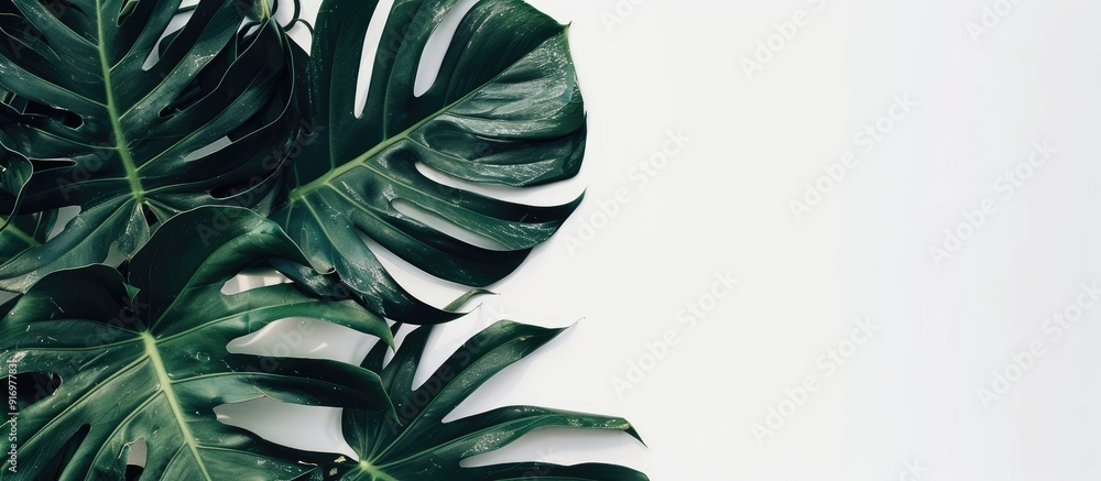 Poster monstera leaves in a contemporary setting against a white backdrop for a minimalistic theme offering