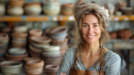 Portrait of cheerful female potter entrepreneur in her studio surrounded by handcrafted ceramics