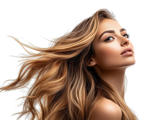 Stunning portrait of a woman with flowing hair and perfect makeup, radiating beauty and confidence.