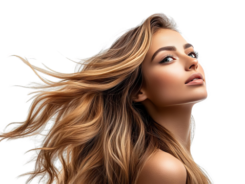 Stunning portrait of a woman with flowing hair and perfect makeup, radiating beauty and confidence.