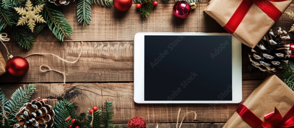 Poster Tablet showcasing Christmas online shopping concept with a rustic decor setting providing a copy space image on the colorful background for personalized design