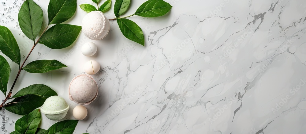 Poster White marble table with a green twig and lovely scented bath bombs offering a good view for your text copy space image