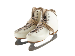 Vintage white ice skates with leather laces and steel blades. Perfect equipment for figure skating or ice hockey on cold winter days.