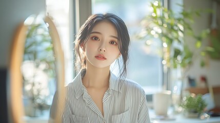 Get dress pretty asian young woman businesswoman standing wearing striped shirt female getting dressed preparing before go to work looking reflection in the mirror in the morning at ho : Generative AI